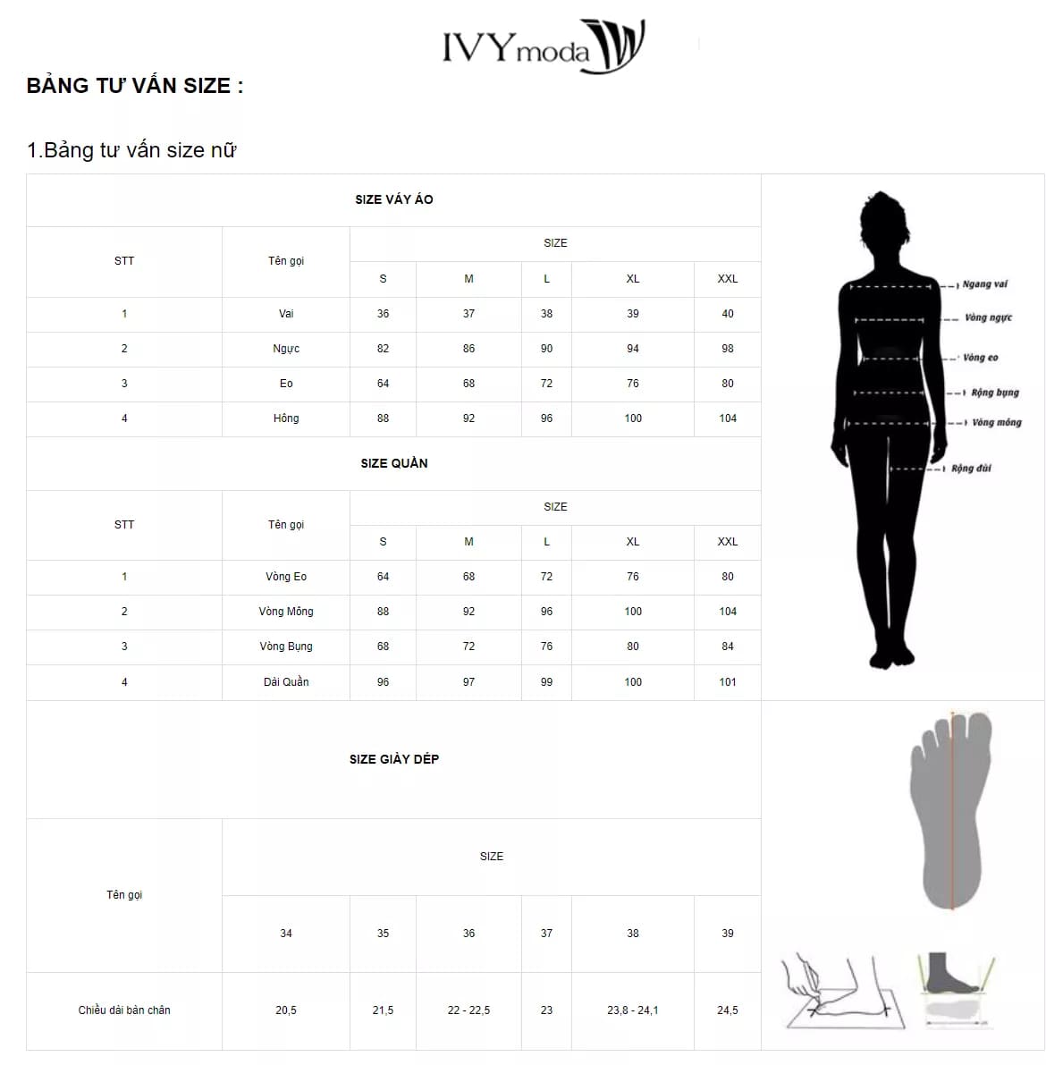 Bảng size váy và quần nữ của IVY Moda 