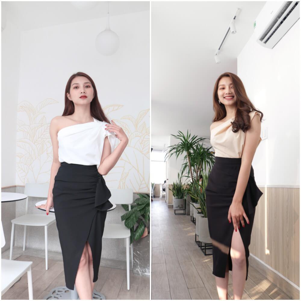 áo hở vai - váy đen