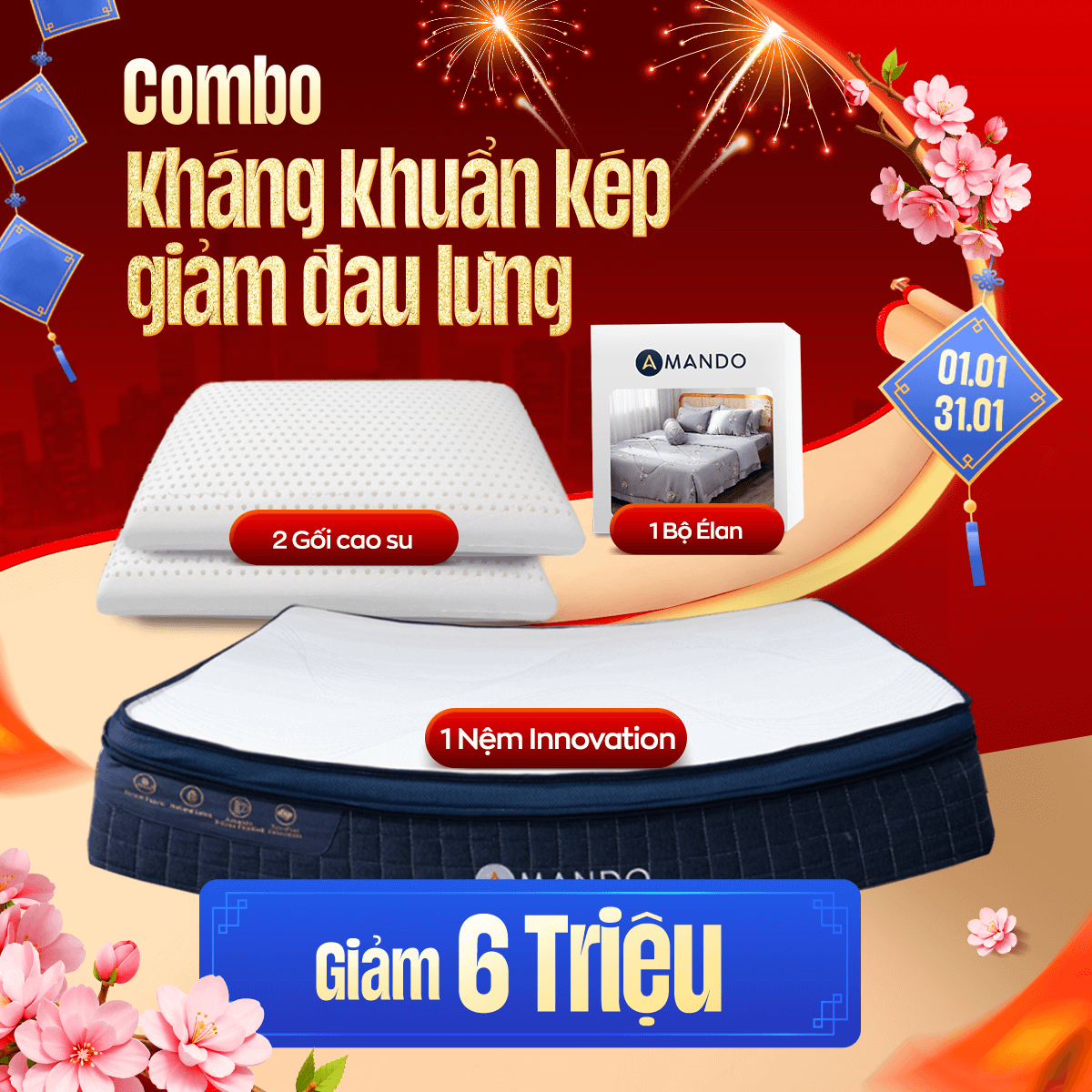 Combo Kháng khuẩn kép, giảm đau lưng: 1 Nệm Lò xo Amando Innovation, 1 Bộ Chăn ga Élan, 2 Gối Cao su Dreamland