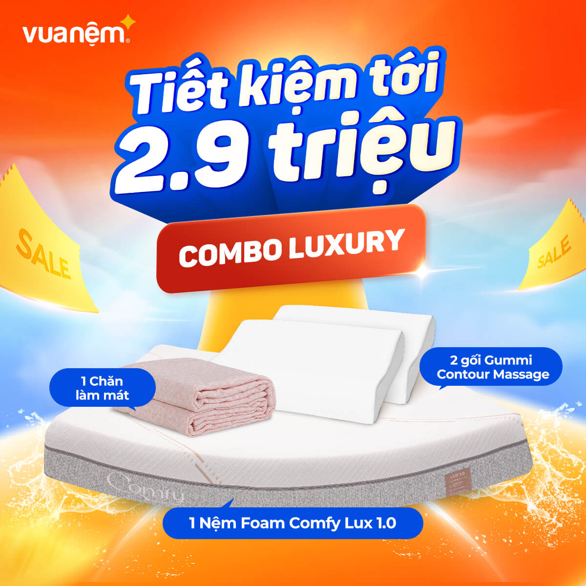 Combo Luxury: 1 nệm foam Lux 1.0, 2 gối Gummi Contour Massage, 1 Chăn làm mát