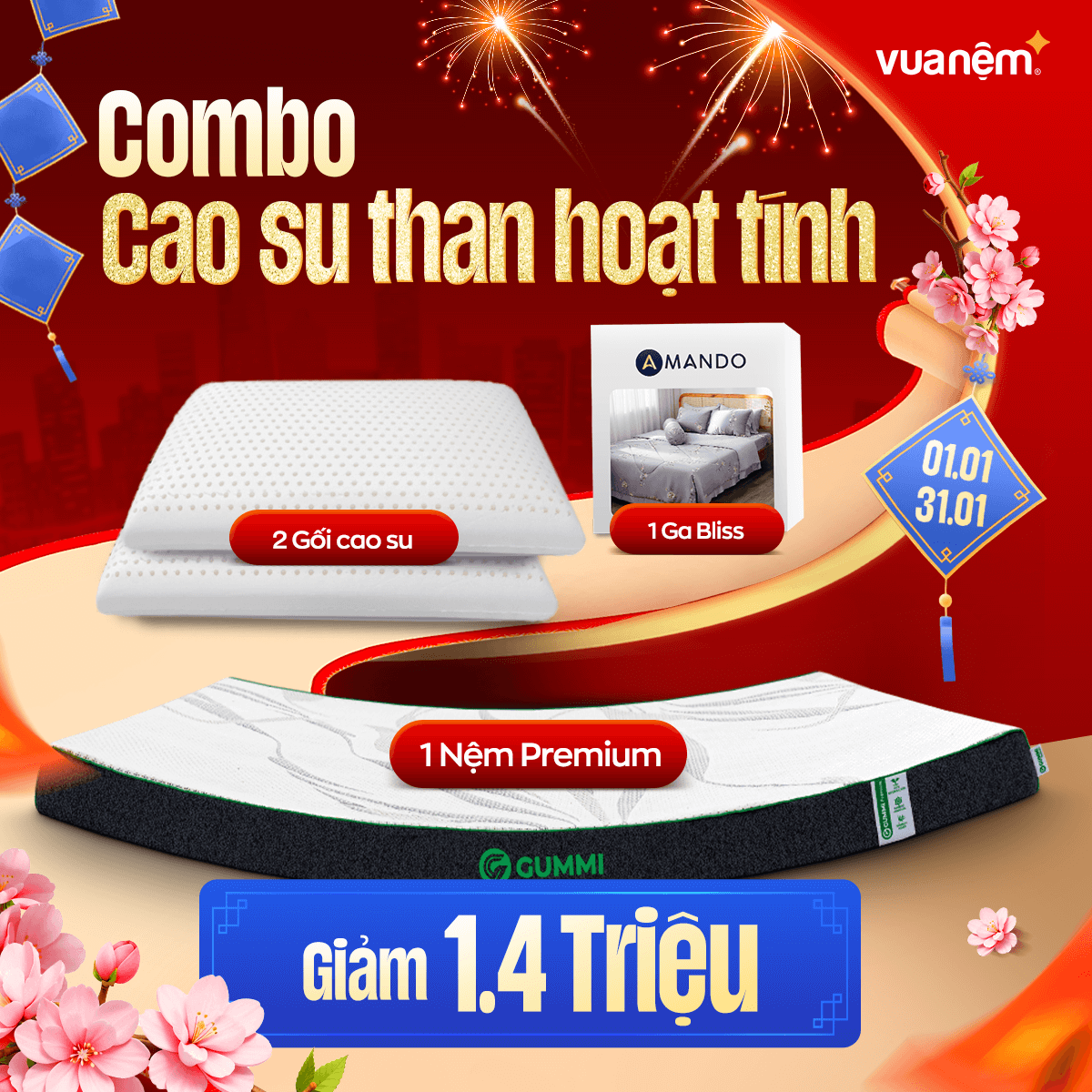 Combo Cao Su Than Hoạt Tính: 1 Đệm Gummi Premium, 1 Bộ Ga Bliss, 2 Gối Cao su